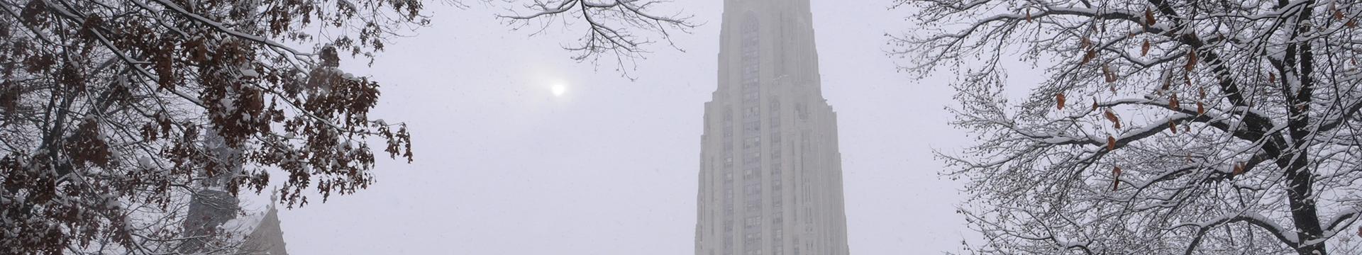 Snowy picture of the Cathedral of Learning at the University of Pittsburgh.